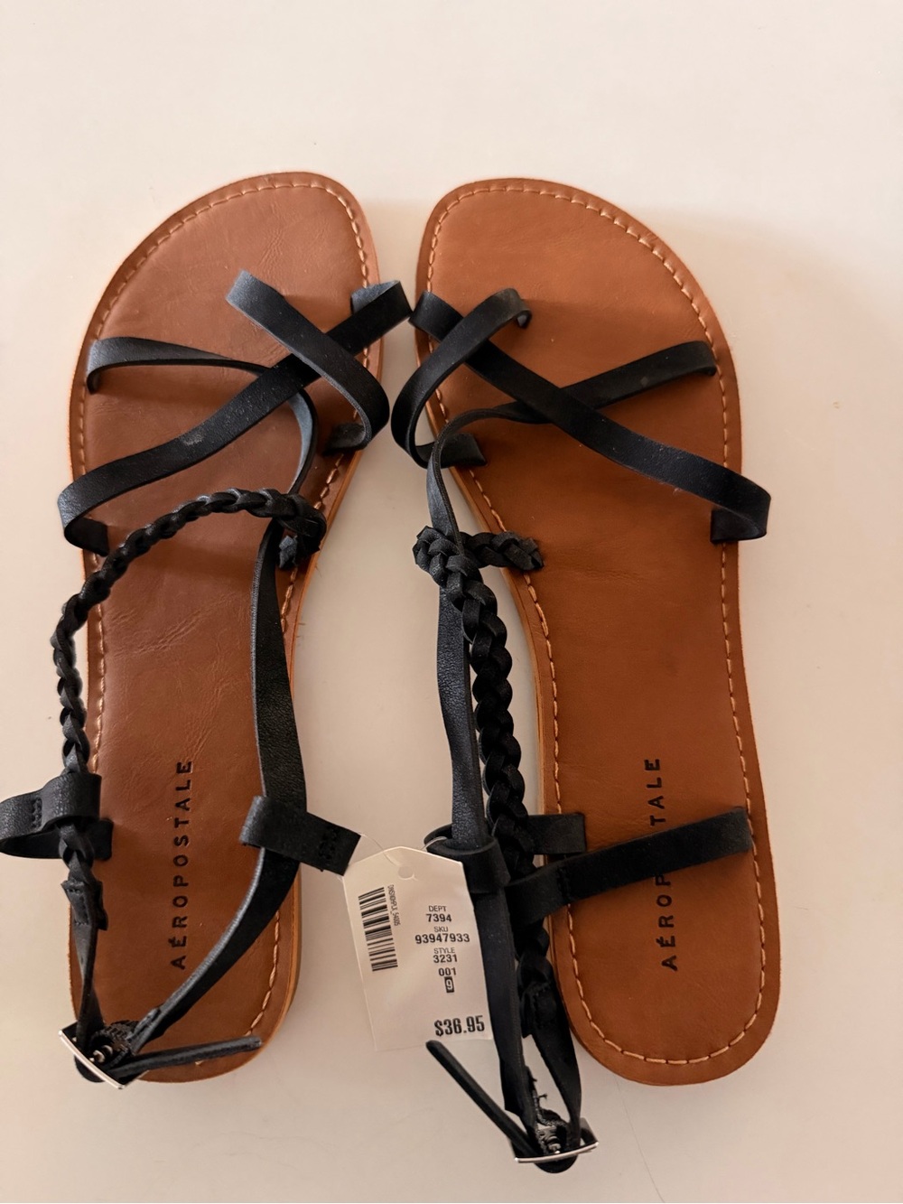 Aeropostale Black Strappy Braided-Tie Women’s Sandals with Tan Footbed